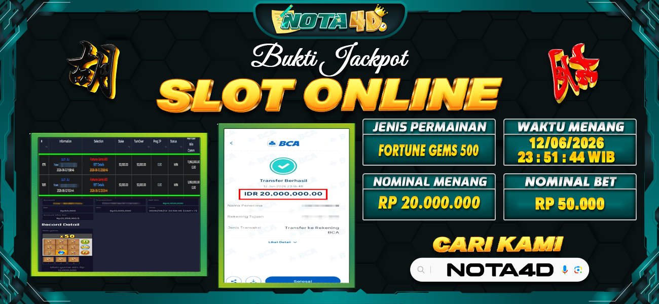 Bukti Kemenangan Besar Dibayar lunas Member NOTA4D RP 20.000.000, 13 Juni 2026