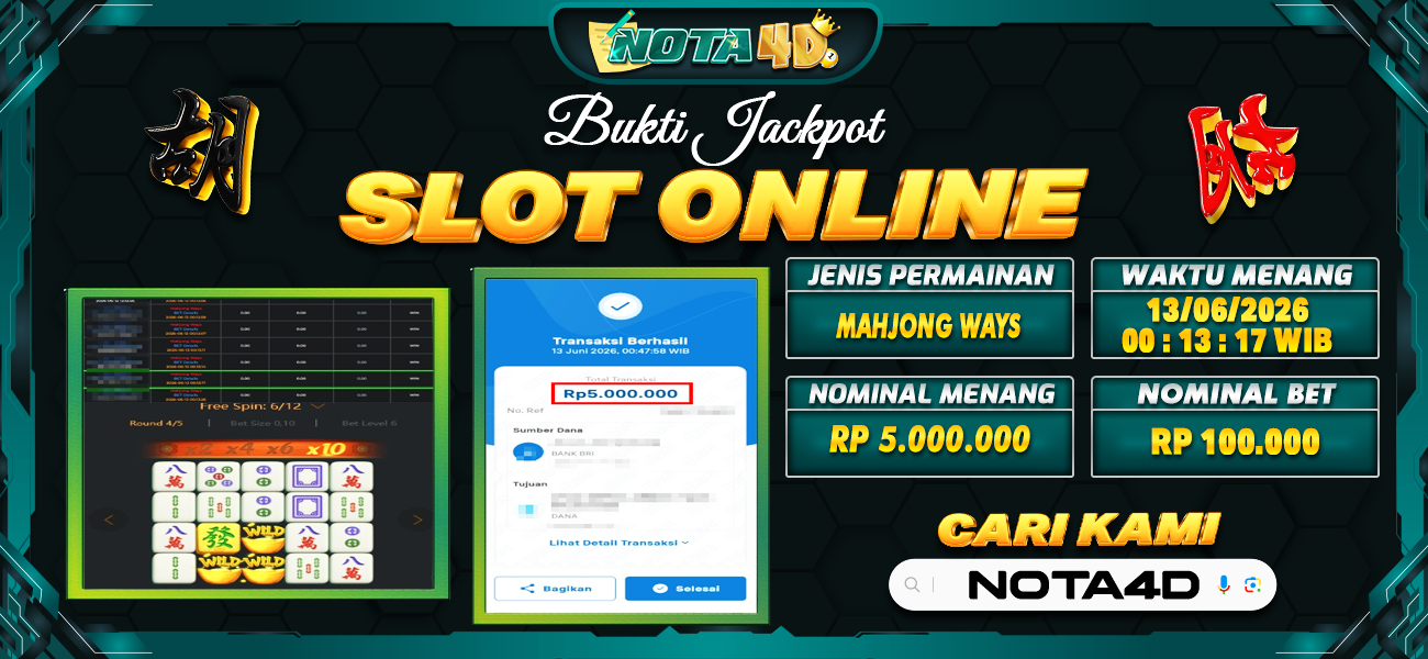 Bukti Kemenangan Besar Dibayar lunas Member NOTA4D RP 5.000.000, 13 Juni 2026