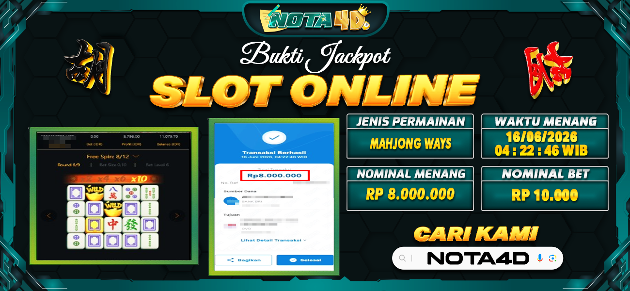 Bukti Kemenangan Besar Dibayar lunas Member NOTA4D RP 8.000.000, 17 Juni 2026