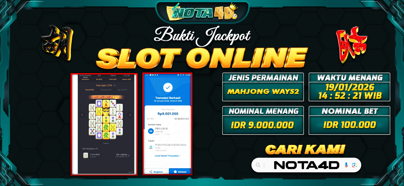 Bukti Kemenangan Besar Dibayar lunas Member NOTA4D RP 9.000.000, 19 Januari 2026