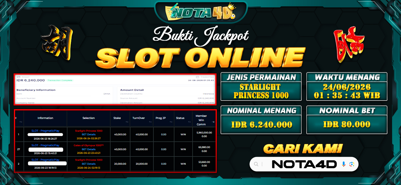 Bukti Kemenangan Besar Dibayar lunas Member NOTA4D RP 6.240.000, 24 Juni 2026