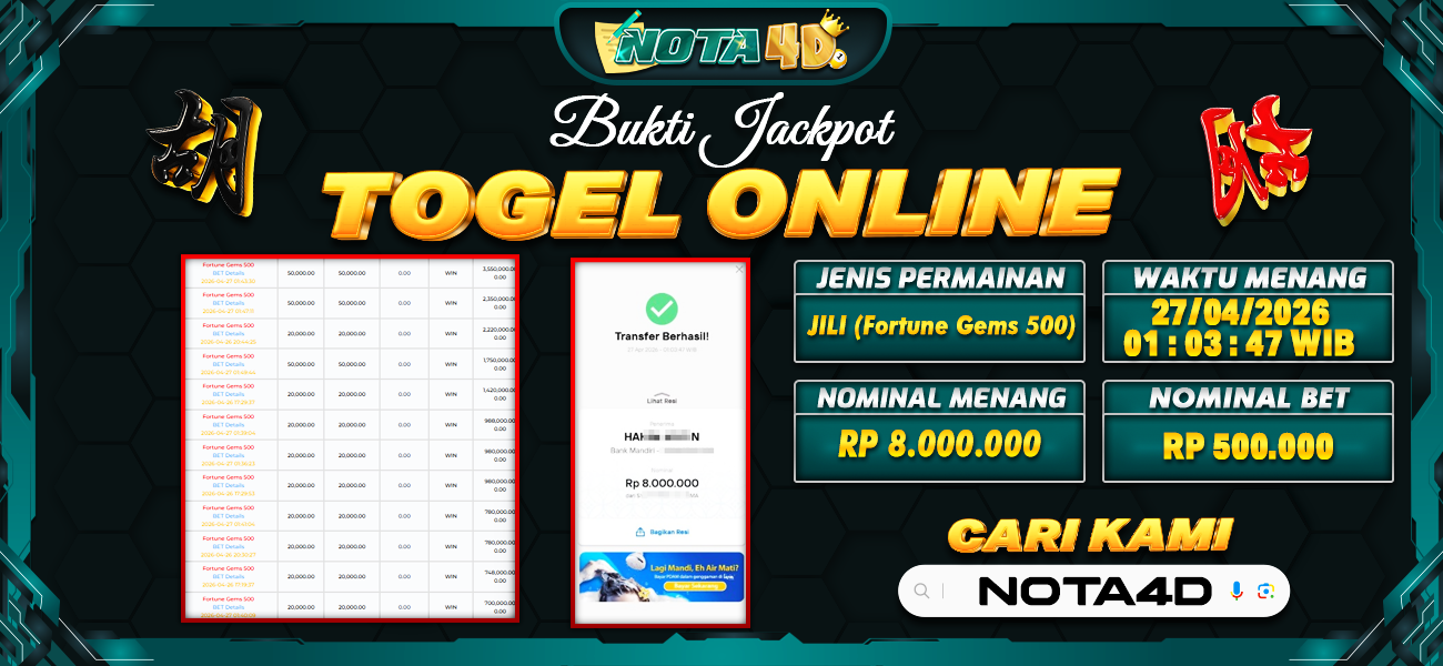Bukti Kemenangan Besar Dibayar lunas Member NOTA4D RP 8.000.000, 27 April 2026