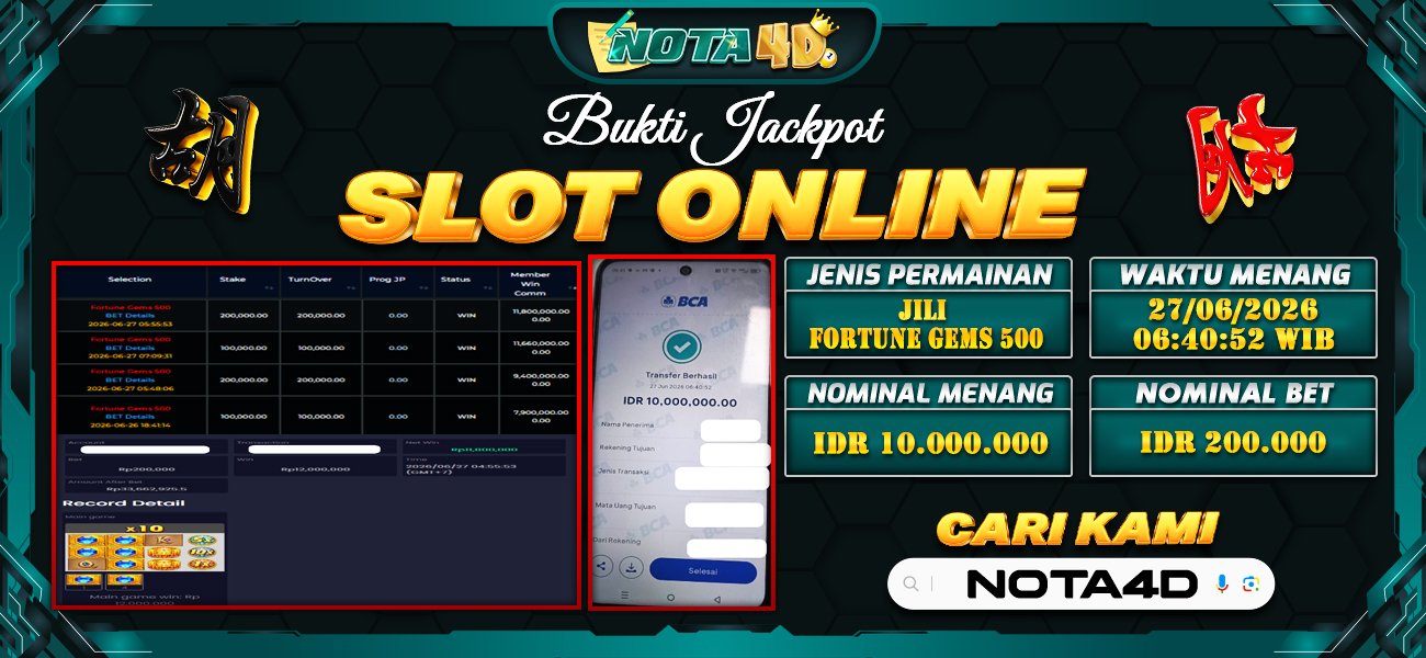 Bukti Kemenangan Besar Dibayar lunas Member NOTA4D RP 10.000.000, 28 Juni 2026