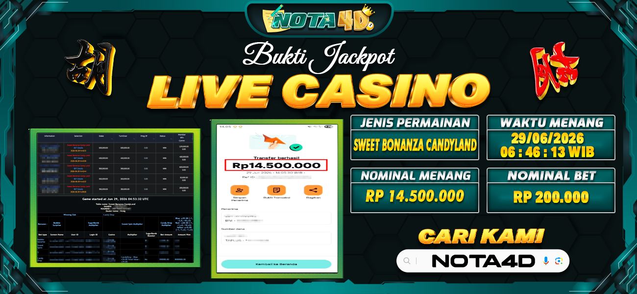 Bukti Kemenangan Besar Dibayar lunas Member NOTA4D RP 14.500.000, 29 Juni 2026